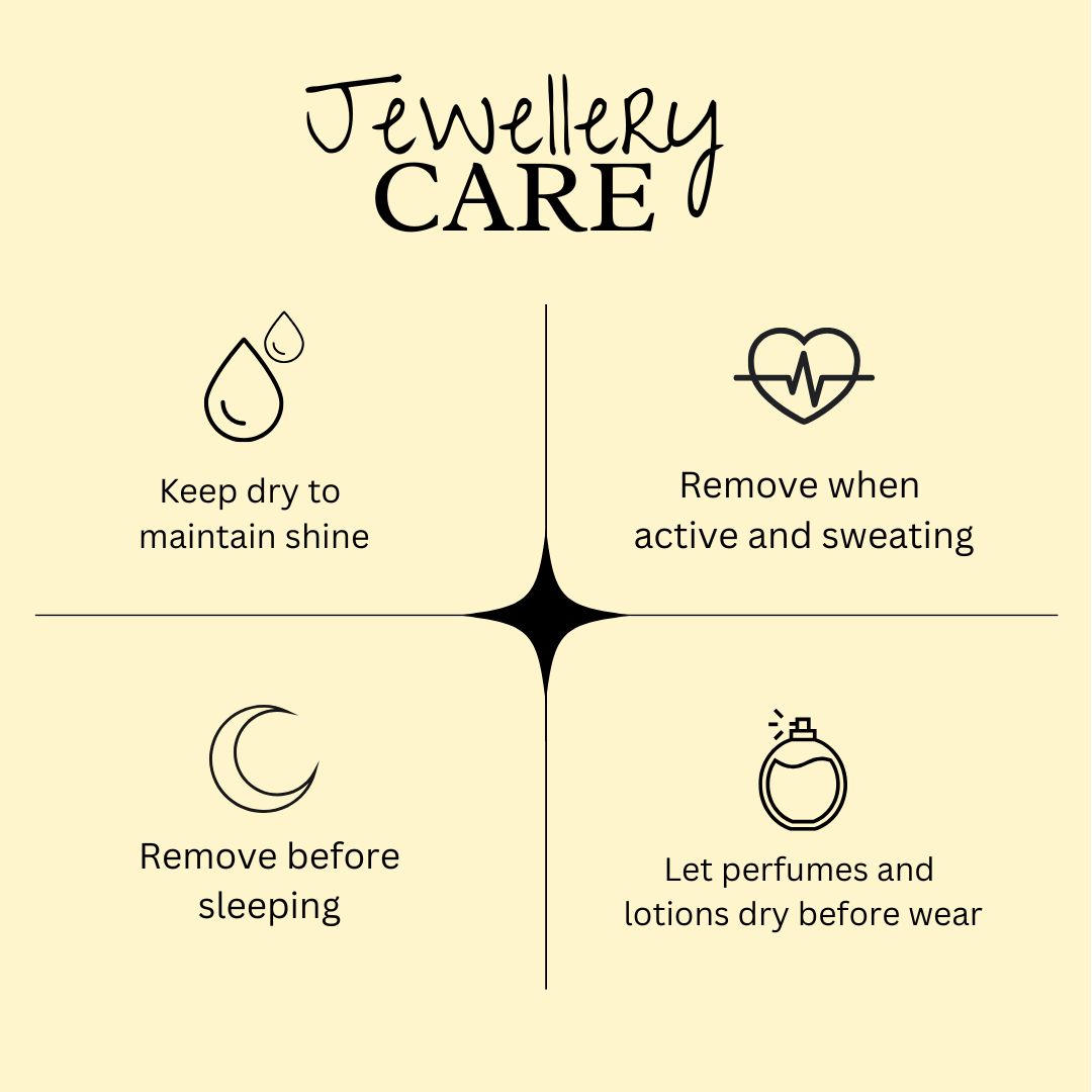 Jewellery care instructions with icons on a yellow background from Dolly & Naana