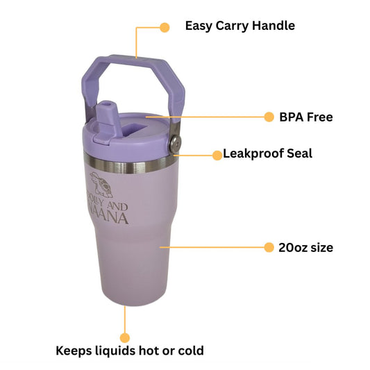 Lilac insulated stainless steel drink bottle for kids – Dolly & Naana lists benefits - Easy carry handle, BPA Free, Leakproof