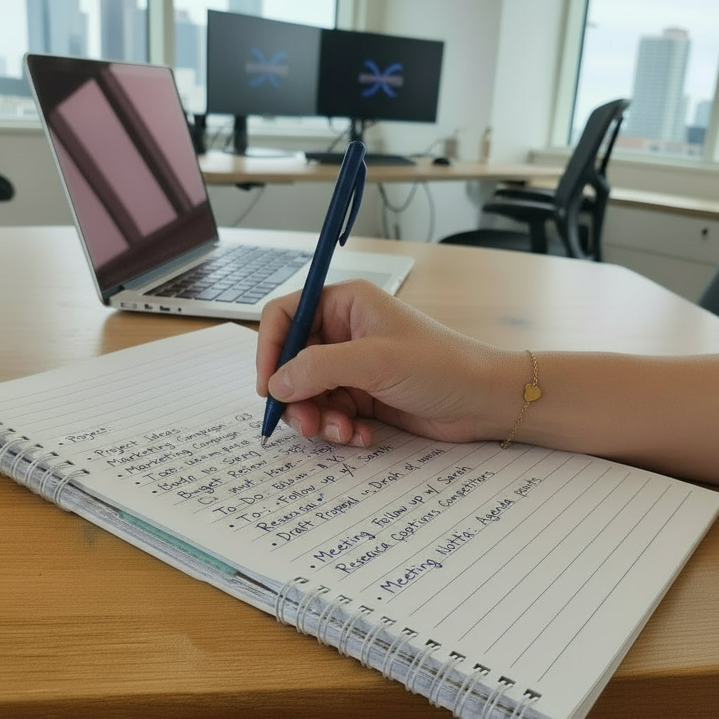 Person holding a pen over a notebook on a desk with a window view.