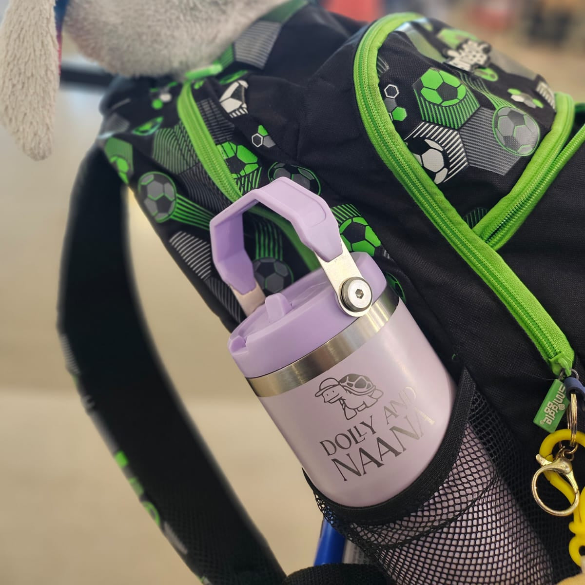 Lilac insulated stainless steel drink bottle for kids – Dolly & Naana in a kids backpack